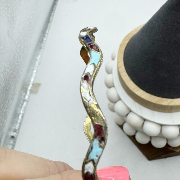 Vintage Enamel Bangle Bracelet Wavy Design Red Blue White Bohemian - Picture 5 of 9